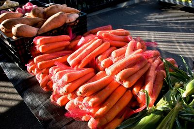 High angle view of vegetables for sale at market stall