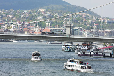 Ships in danube river against cityscape