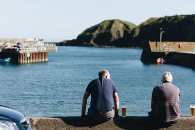 Rear view of men sitting on shore against sky