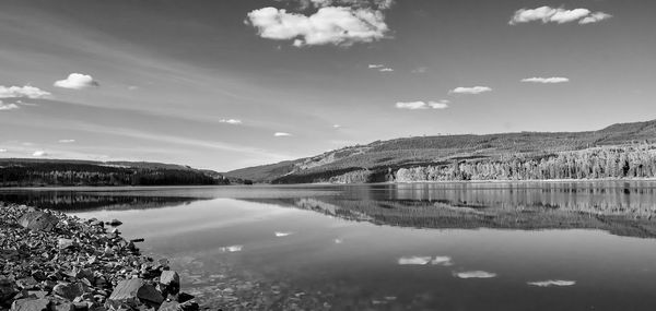 Scenic view of lake and mountains against sky