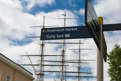 Low angle view of information sign against sky