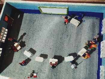 High angle view of people on road