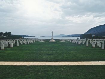 Panoramic view of cemetery against sky