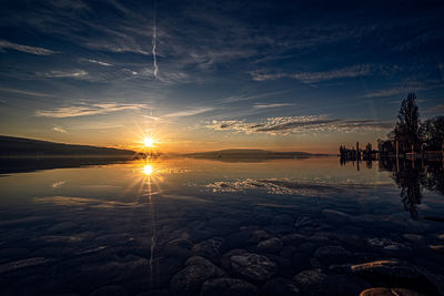 Scenic view of lake against sky during sunset