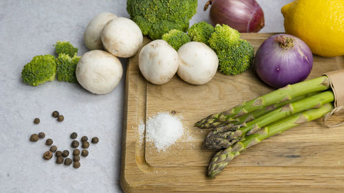 High angle view of chopped vegetables on cutting board