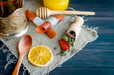 High angle view of food on table