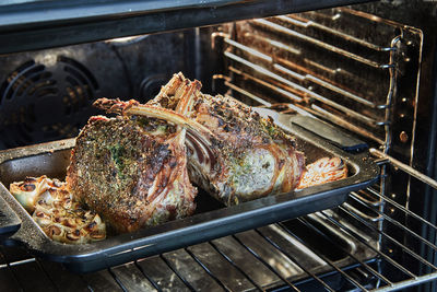 Close-up of meat on barbecue grill