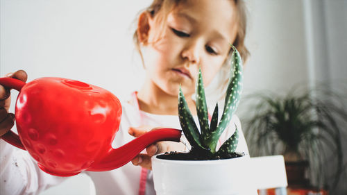 Close-up of girl watering plant at home