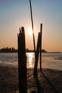 Silhouette wooden posts on beach against sky during sunset