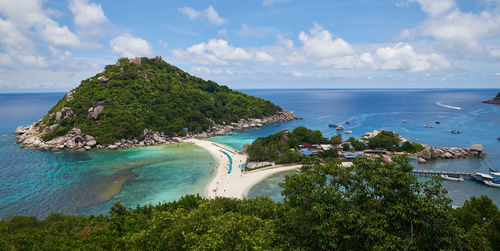 Scenic view of bay against sky