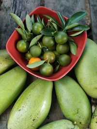 High angle view of fruits in bowl on table
