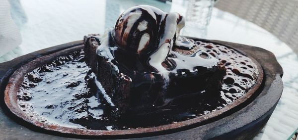 High angle view of chocolate cake in plate