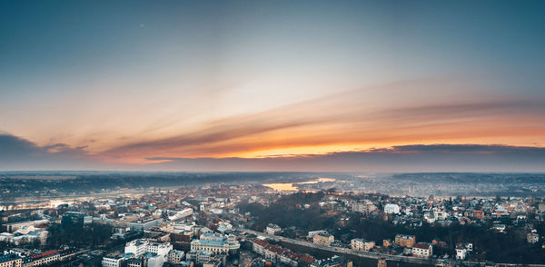 High angle view of townscape against sky during sunset