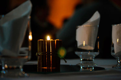 Close-up of illuminated candles on table