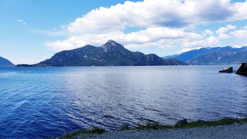 Scenic view of sea by mountains against sky