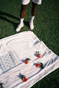 Low section of man standing by white textile and roses