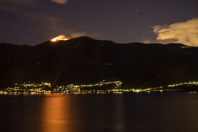 Illuminated lake by silhouette mountain against sky at night