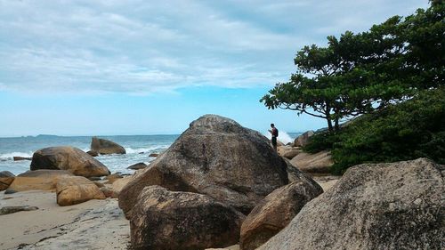 Rear view of man standing on rock by sea against sky