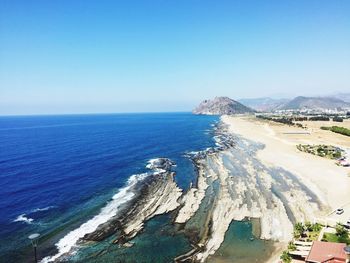 Panoramic view of sea against clear blue sky