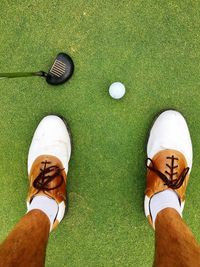 Low section of man playing golf on turf