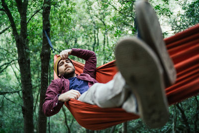 Young men in forest