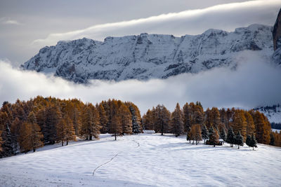 Scenic view of snow covered mountains against sky