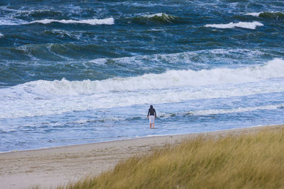 Rear view of woman walking on shore at beach