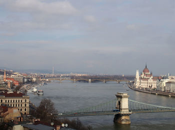 Bridge over river in city against cloudy sky