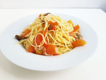 Close-up of noodles served in plate