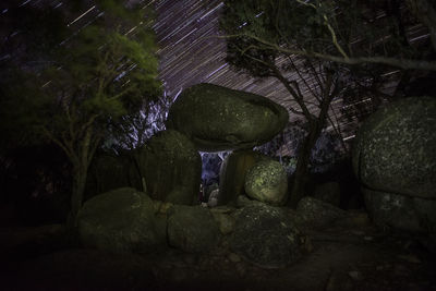 Water flowing through rocks in forest