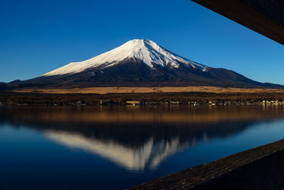 Scenic view of snowcapped mountains against clear blue sky