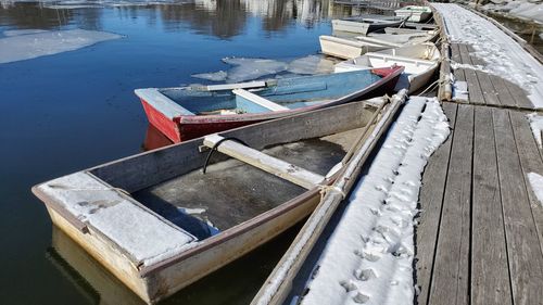 High angle view of fishing boats moored at lake