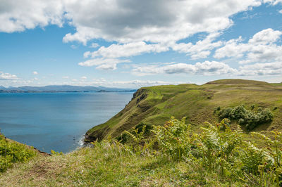 Meadows and sheer cliffs of the isle of skye, scotland.