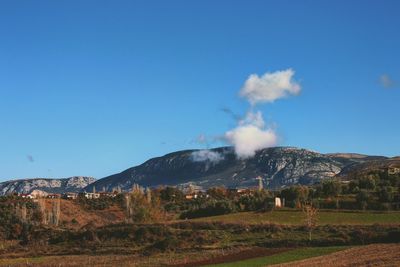 Scenic view of field against clear blue sky