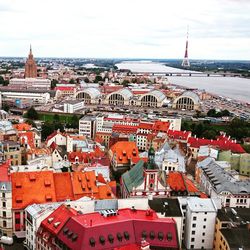 High angle view of buildings in city