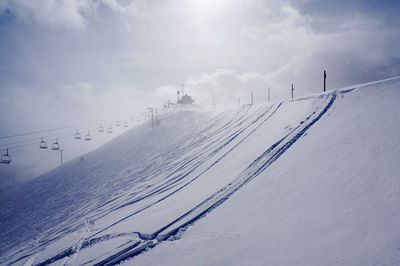 Scenic view of snow covered land against sky