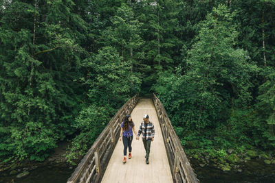 Rear view of people walking on footbridge in forest