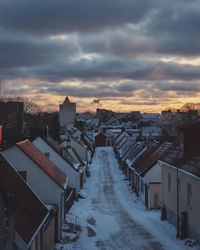 High angle view of townscape against sky during sunset