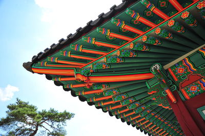 Low angle view of colorful temple roof