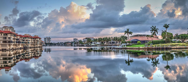 Panoramic view of buildings against cloudy sky