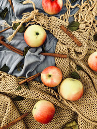 High angle view of fruits in basket on table