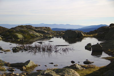 Scenic view of lake and mountains against sky