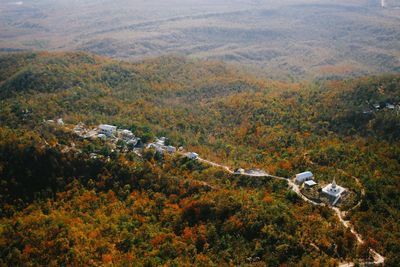 High angle view of trees and mountains during autumn