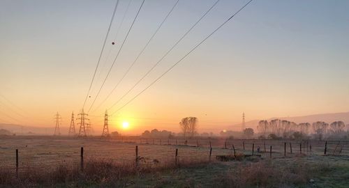 Scenic view of field against clear sky during sunset