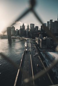 High angle view of city at sunset