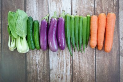 High angle view of vegetables on table