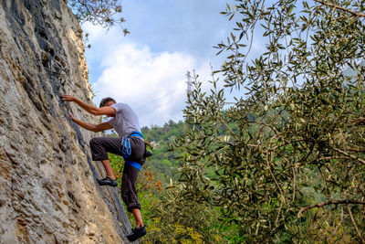 Low angle view of man climbing on mountain against tree