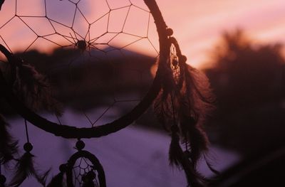 Low angle view of feather against sky at sunset