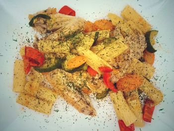 High angle view of chopped vegetables in plate
