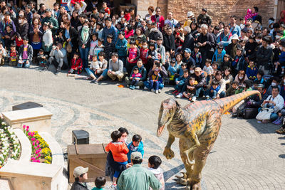 High angle view of people on street